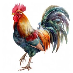 Fototapeta premium Ultra realistic watercolor style illustration of beautiful rooster, high detailed, isolated on white