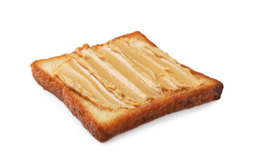Piece of toasted bread with peanut butter isolated on white