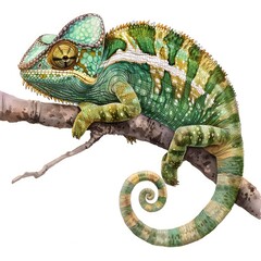 Naklejka premium Ultra realistic watercolor style illustration of beautiful chameleon, high detailed, isolated on white