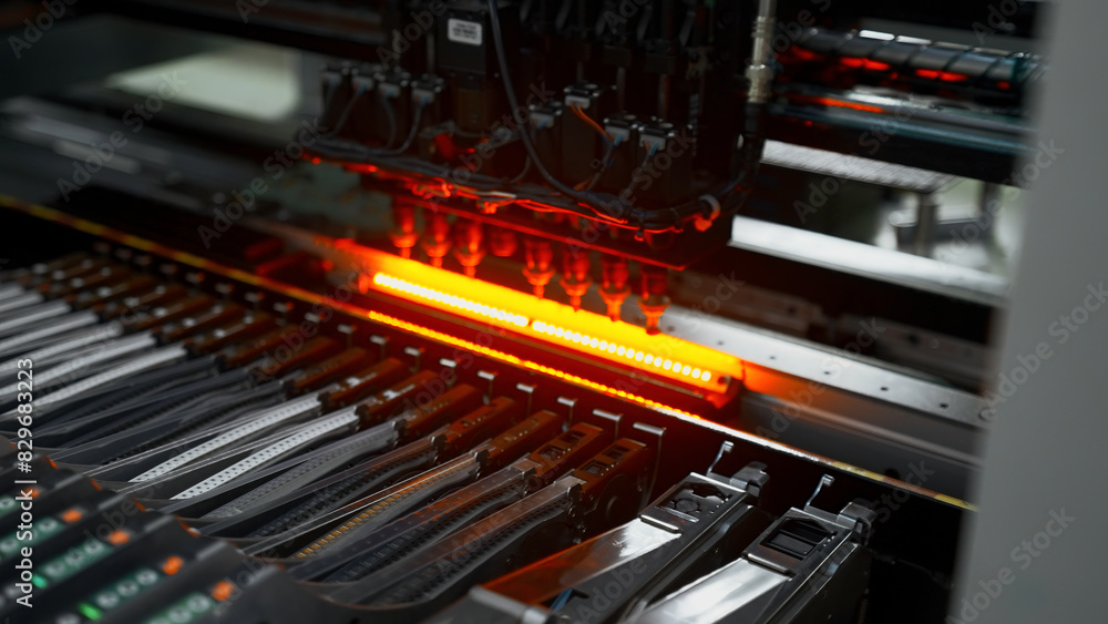 Poster factory machine at work: printed circuit board being assembled with automated mechanism. creative. t