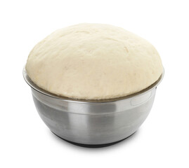 Raw dough in metal bowl isolated on white