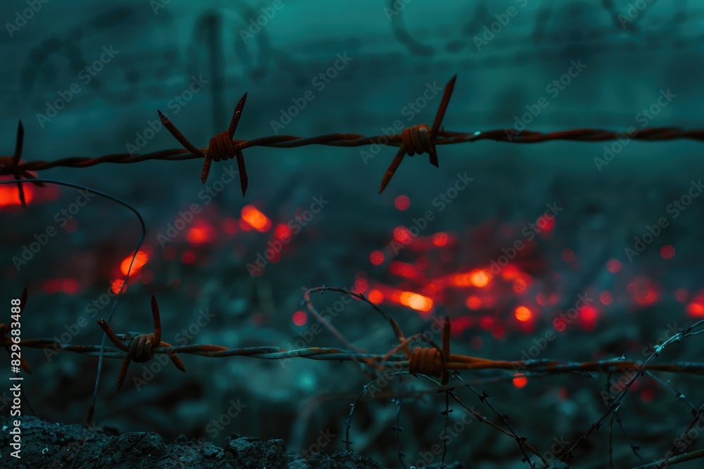 Poster detailed view of a barbed wire fence, suitable for security concepts