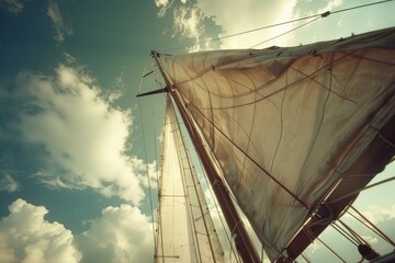 Fototapeta premium A sail boat sailing in the ocean under a cloudy sky. Suitable for travel and adventure concepts
