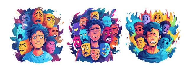 Naklejka premium Guy using emotion mask cartoon vector concepts. Man anger ironic grin rage dreams irritation despondency true feelings social difficulties real suppression contempt mental disorder problems character