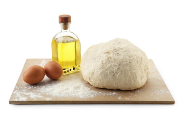 Raw dough and ingredients isolated on white