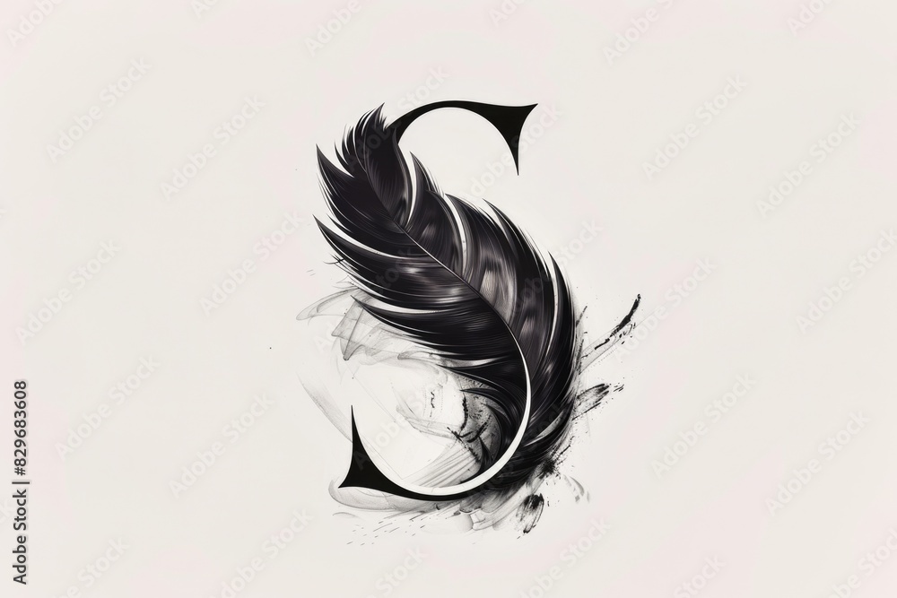 Poster Black and white illustration of a feather, suitable for various design projects