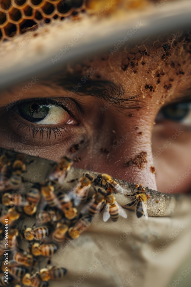 Poster close up of a person wearing a hat with bees, suitable for various concepts