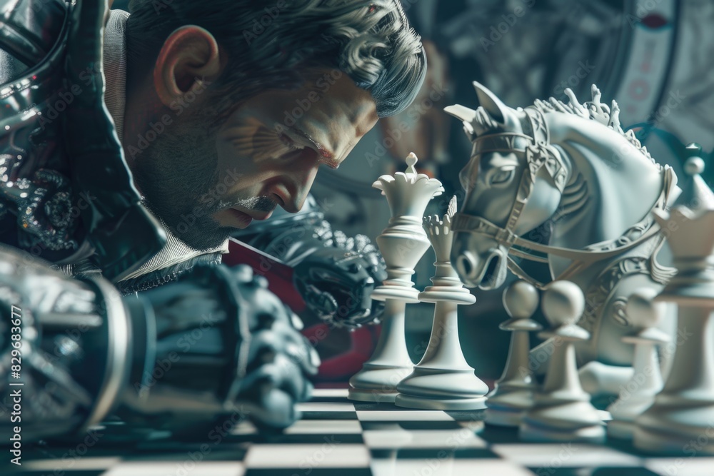 Poster A man playing a game of chess with a horse. Suitable for strategy and competition concepts