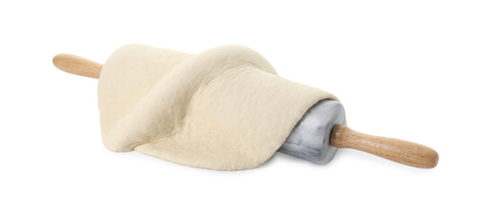 Raw dough and rolling pin isolated on white