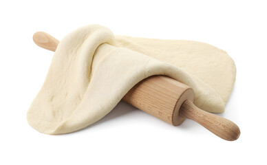 Raw dough and rolling pin isolated on white