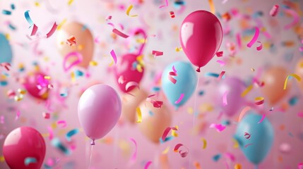 colorful birthday background, balloons, confetti, 16:9