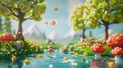 Fototapeta premium Cheerful natural scene with whimsical pond, scattered mushrooms, and lush trees in a vibrant, playful clay animation style.