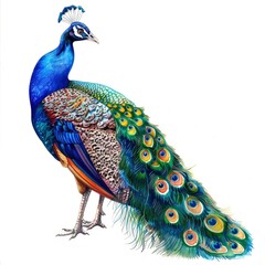 Obraz premium Ultra realistic watercolor style illustration of beautiful peacock, high detailed, isolated on white