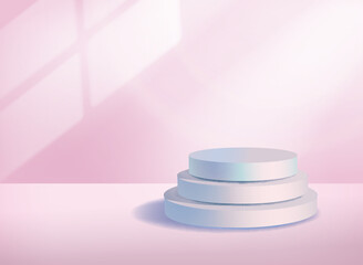 Abstract scene with podium pink pastel background. Cylinder podium product presentation, mock up, show cosmetic product with light effect, Stage pedestal or platform. Vector illustration