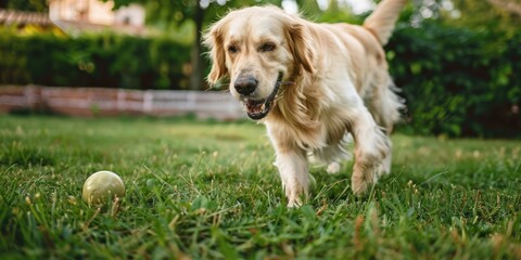 A playful golden retriever running to catch a tennis ball. Perfect for pet or sports related projects