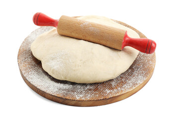 Raw dough and rolling pin isolated on white