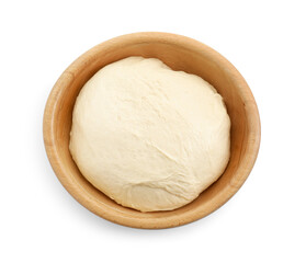 Raw dough in bowl isolated on white, top view