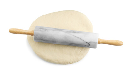 Raw dough and rolling pin isolated on white, top view