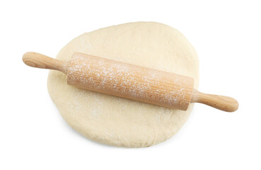 Raw dough and rolling pin isolated on white, top view