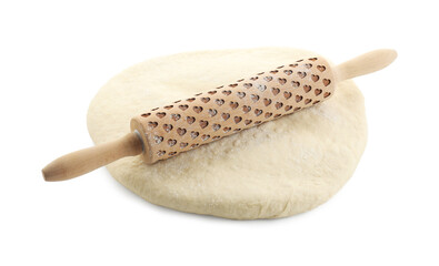 Raw dough and rolling pin isolated on white