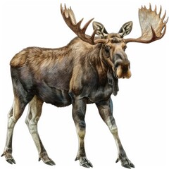 Ultra realistic watercolor style illustration of beautiful moose, high detailed, isolated on white