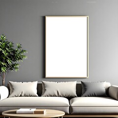 Modern living room with empty poster frame and sofa on the wall