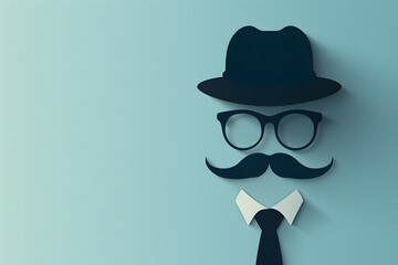 Silhouette of glasses, mustache and hat with tie on light blue background, father day background