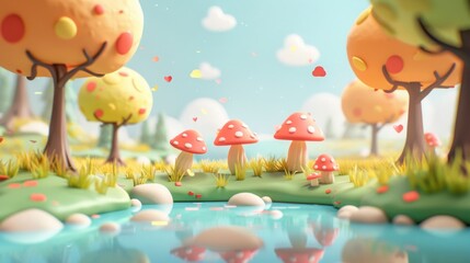 Cheerful natural scene with whimsical pond, scattered mushrooms, and lush trees in a vibrant, playful clay animation style.