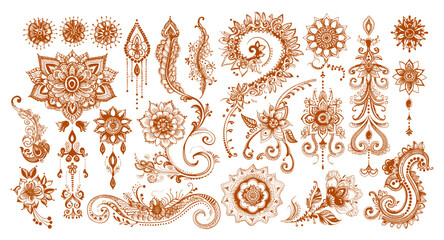 Henna tattoos ink sketch vector set. Flowers leaves stems ornamental pattern skin brown temporary paintings, illustrations isolated on white background