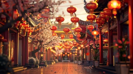 Fototapeta premium Vibrant red lanterns hanging from branches of a tree, creating a festive and colorful display. The lanterns sway gently in the breeze, casting a warm glow on their surroundings.