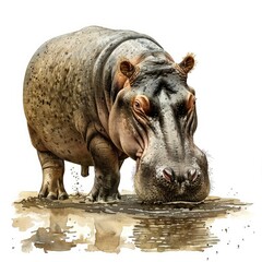 Fototapeta premium Ultra realistic watercolor style illustration of beautiful hippopotamus, high detailed, isolated on white