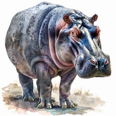 Fototapeta premium Ultra realistic watercolor style illustration of beautiful hippopotamus, high detailed, isolated on white