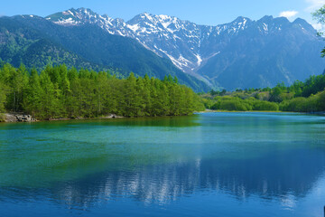 中部山岳国立公園、上高地。初夏の大正池。松本、長野、日本。5月下旬。