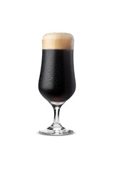 Glass of black beer on white background, typical commercial packshot.