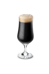 Glass of black beer on white background, typical commercial packshot.
