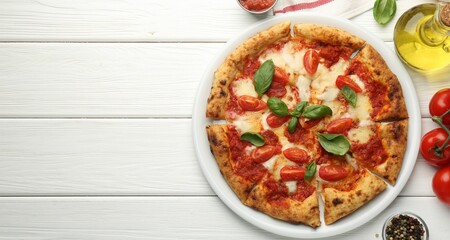 Delicious Margherita pizza and ingredients on white wooden table, top view. Space for text