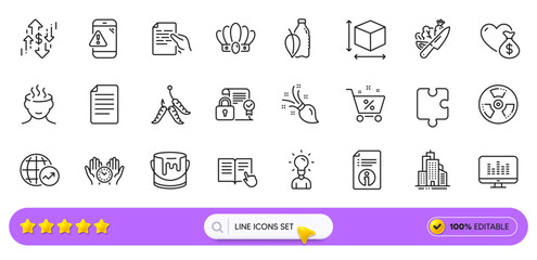 Crown, Warning message and Loan percent line icons for web app. Pack of Technical info, Maggots, Brush pictogram icons. Paint, Music making, Stress signs. Safe time, Dollar rate. Search bar. Vector
