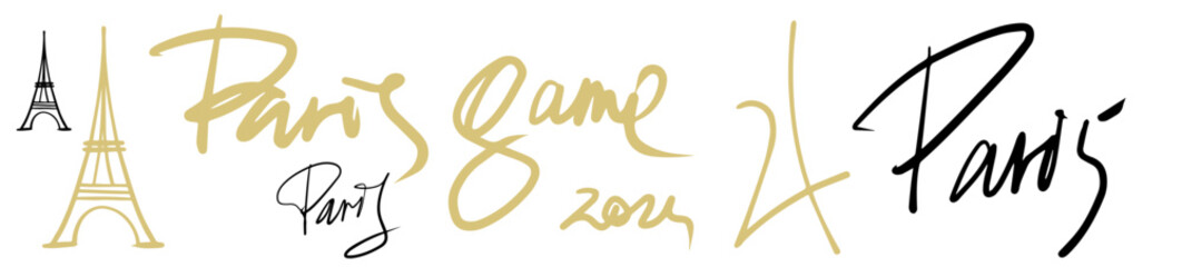 Paris and Eiffel Tower on dark and white background. Vector hand drawn illustration.