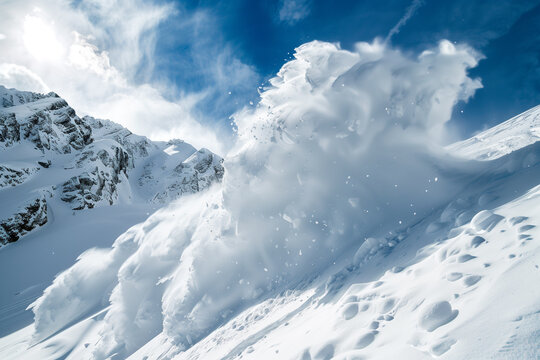 snow avalanche in the winter mountains