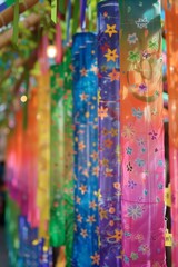 Fototapeta premium The Japanese Tanabata Festival. Making wishes on a piece of tandzak. A celebration of the arts. Decorating the street during the celebration. Garlands of a wish list