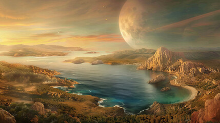 Stunning alien landscape with ocean and large moon in distance - Powered by Adobe