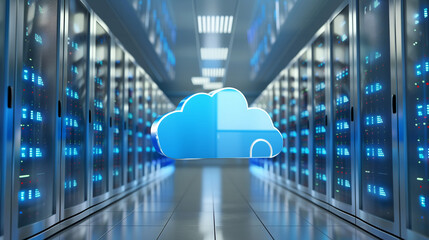 Modern cloud computing data center room interior with server racks, Backup cloud service