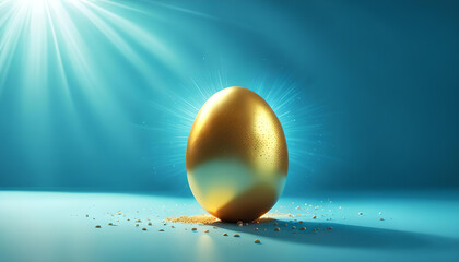 Goldenes Ei Ostern Osterei als Vorlage und Hintergr&uuml;nde Banner scheinend gl&auml;nzend leuchtend mit Hintergrund in blau fr&uuml;hlingshaft warme Sonnen Strahlen Licht 
