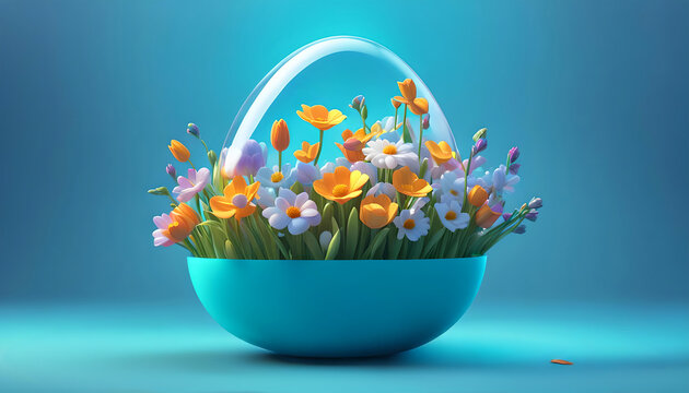 durchsichtiges Glas Ei Osterei in einer Schale mit bunten Blumen, gef&uuml;llt mit hellen Bl&uuml;ten des Fr&uuml;hling frische blaue Dekoration zu Ostern Osterfest Feier aufbl&uuml;hende Pflanzen nat&uuml;rlicher Schmuck 