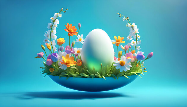 wei&szlig;es Ei Osterei als Vorlage in einer Schale mit bunten Blumen, gef&uuml;llt mit hellen Bl&uuml;ten des Fr&uuml;hling frische blaue Dekoration zu Ostern Osterfest Feier aufbl&uuml;hende Pflanzen nat&uuml;rlicher Schmuck 