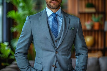 Close-up of a businessman wearing a stylish blue suit and tie