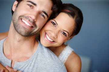 Hug, portrait and love with couple in bedroom of home together for bonding, marriage or support....