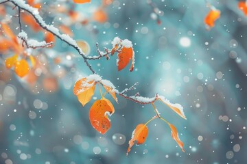 Fall And Winter Background. Beautiful Yellow Leaves on Branches Under First Snow in Forest