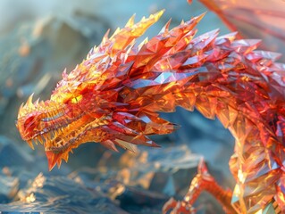 A majestic red and yellow dragon with a crystal-like body stands on a rock, looking out over a vast landscape.