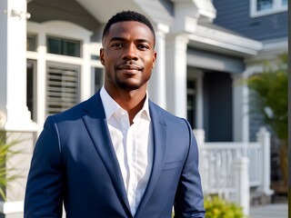 Fototapeta premium Confident african american man real estate agent stands proudly outside a home
